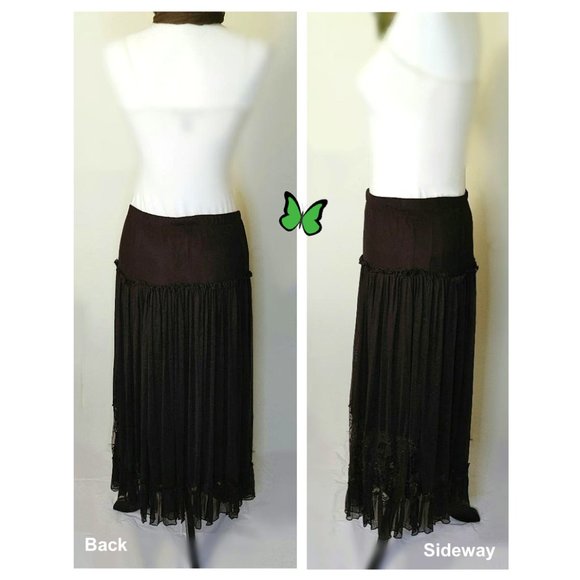 Elegant Brown Midi Flowy Skirt Mesh Sequin Cut-out Lace Lined Elastic Waistline - Picture 2 of 9